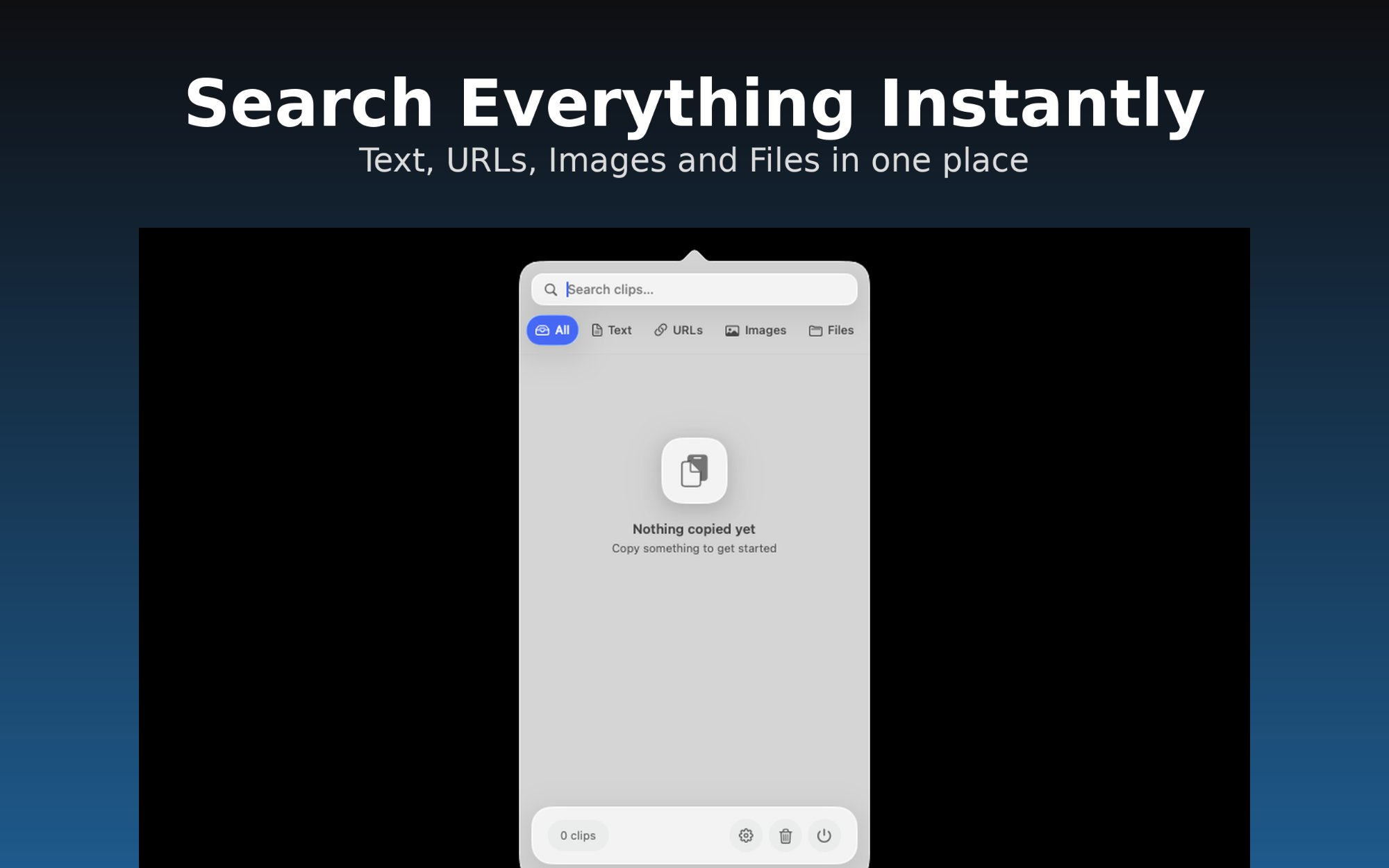 Clipfinity interface showing instant search